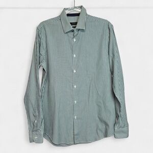 Zara Slim Fit Shirt Womens L Green White Vertical Stripe Button Down Long Sleeve